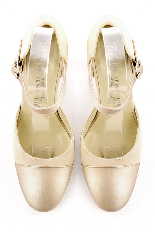 Gold and champagne white women's open side shoes, with an instep strap. Round toe. High block heels. Top view - Florence KOOIJMAN